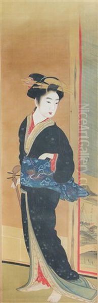 Geisha With Shamisen Oil Painting by  Gion Seitoku