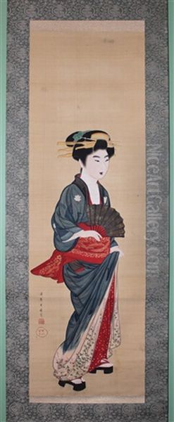 Geisha With Fan Oil Painting by  Gion Seitoku