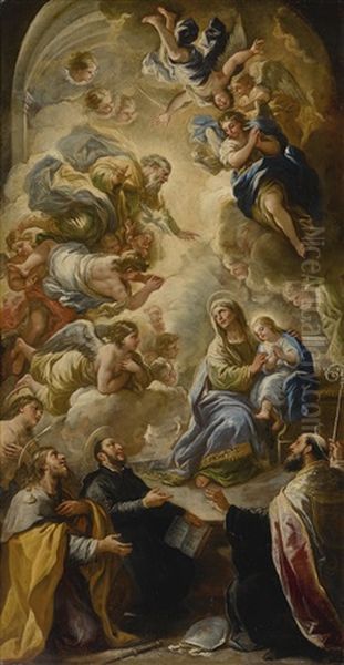 Saint Anne And The Young Virgin Blessed By God The Father And The Holy Ghost With Saints Sebastian, James The Greater, Ignatius And Another Male Saint Oil Painting by Luca Giordano