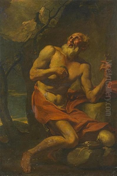 Der Heilige Hieronymus In Felsiger Waldlandschaft Oil Painting by Luca Giordano