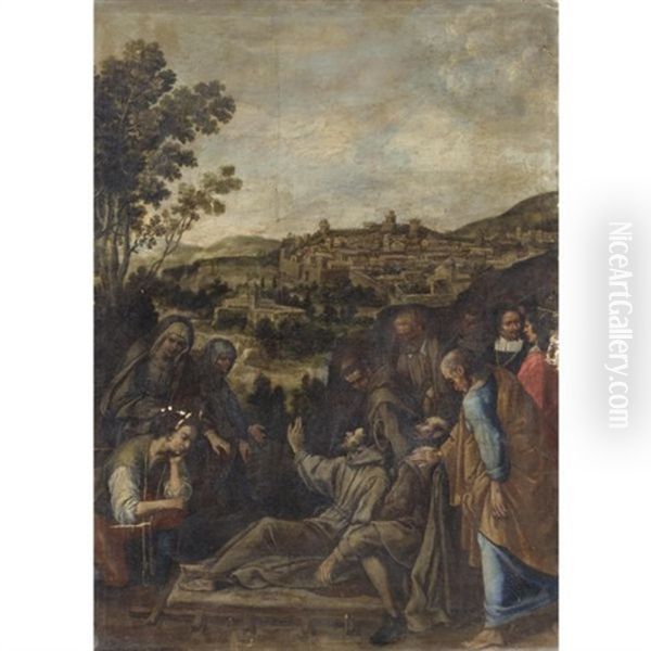 Morte Di San Francesco, Sullo Sfondo Veduta Di Assisi Oil Painting by Giacomo Giorgetti