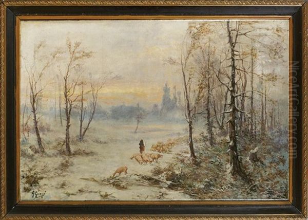 Schaferin Mit Ihrer Herde In Verschneiter Landschaft Oil Painting by Giuseppe Giorgi