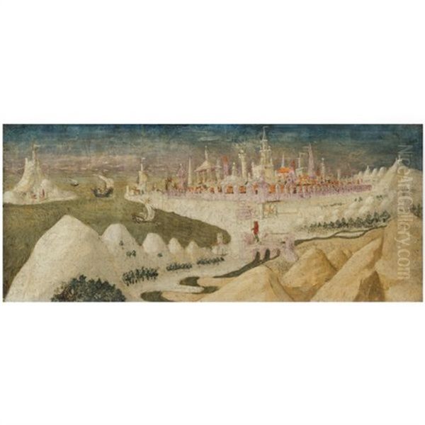 A Panel From A Cassone, Depicting A Fantasy Landscape Oil Painting by Francesco di Giorgio