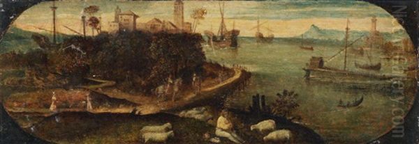 A Shepherd And His Flock Before A Harbour Town, Within A Painted Oval Oil Painting by  Giorgione