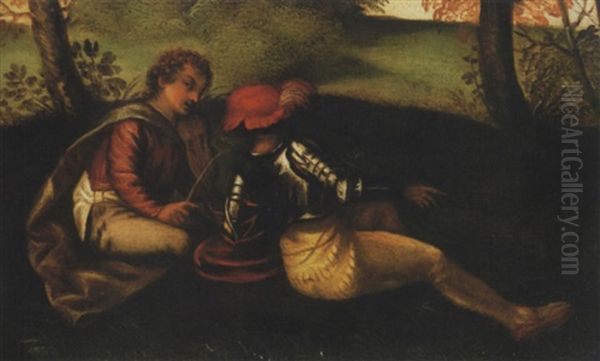 Soldat Et Musicien Assis Dans Un Paysage Oil Painting by  Giorgione