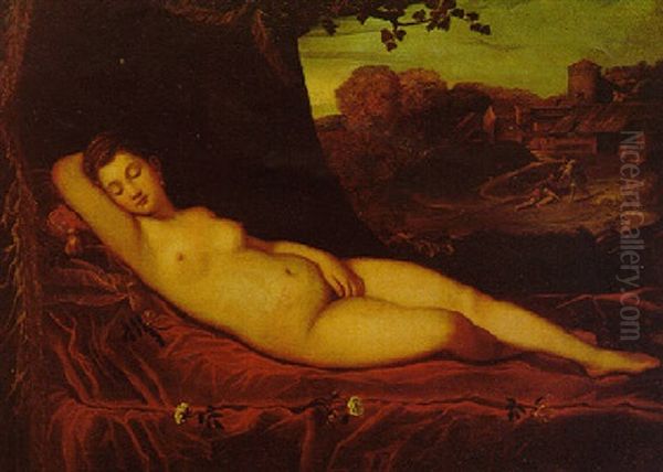 Venus Reclining In An Extensive Wooded Landscape Oil Painting by  Giorgione