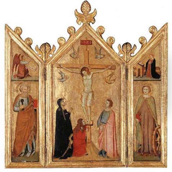 The Crucifixion With The Magdalen At The Foot Of The Cross; Saint Peter; Saint Catherine; The Annunciation Above Oil Painting by  Giotto