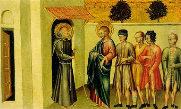 A Franciscan Saint Meeting Saint James The Greater And Pilgrims Oil Painting by  Giovanni di Paolo