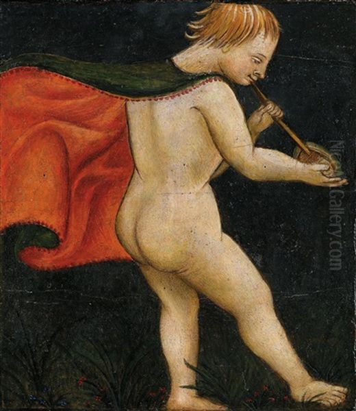 Flotespielender Putto; Putto Mit Flote Oil Painting by  Giovanni di Ser Giovanni (Scheggia)