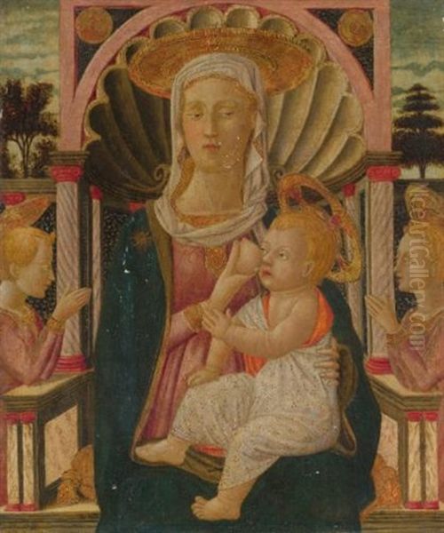 Madonna And Child Enthroned With Two Angels Oil Painting by  Giovanni di Ser Giovanni (Scheggia)