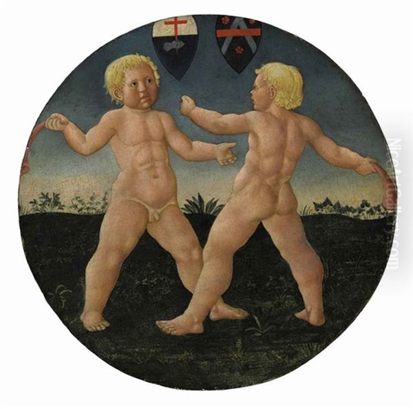 Desco Da Parto (two Boys At Play) Oil Painting by  Giovanni di Ser Giovanni (Scheggia)