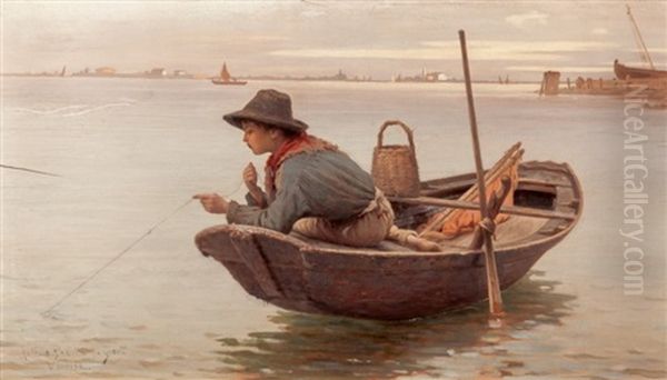 Little Boy Fishing Oil Painting by Antonio Paoletti di Giovanni