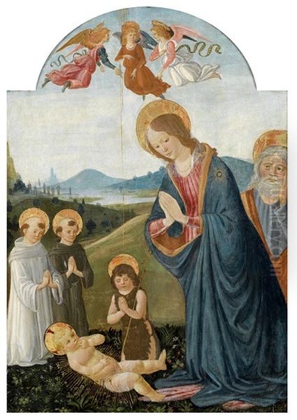 Die Anbetung Des Kindes Mit Der Madonna, Dem Heiligen Johannes Dem Taufer, Dem Heiligen Joseph, Einem Augustiner- Und Einem Benediktinermonch Und Drei Engeln Vor Einer Weiten Flusslandschaft Oil Painting by Gherardo di Giovanni