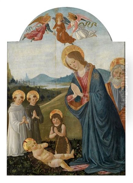 Die Anbetung Des Kindes Mit Der Madonna, Dem Heiligen Johannes Dem Taufer, Dem Heiligen Joseph, Einem Augustiner- Und Einem Benediktinermonch Und Drei Engeln Vor Einer Weiten Fluslandschaft Oil Painting by Gherardo di Giovanni