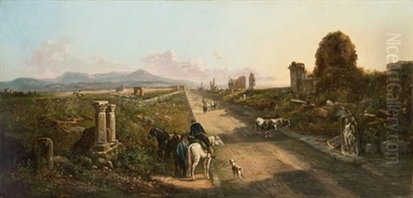 Veduta Dell'antica Via Appia Con Rovine (+ Veduta Della Campagna Romana Con Mandria Di Bufali; 2 Works) Oil Painting by Vincenzo Giovannini