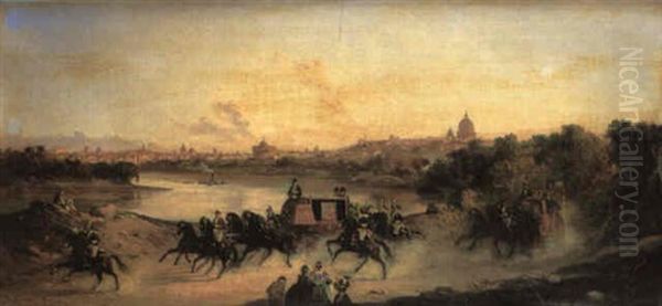 The Papal Carriage And Escort Before An Extensive Landscape Of Rome Oil Painting by Vincenzo Giovannini