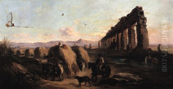 Landscape With Figures, Cattle, Cart And Ruins Oil Painting by Vincenzo Giovannini