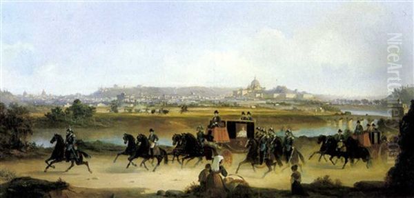 The Pope Leaving Rome For Castel Gandolfo Passing By Ponte Milvio Oil Painting by Vincenzo Giovannini