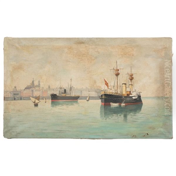 Puerto De Cadiz Oil Painting by Adolfo Giraldez Y Penalver