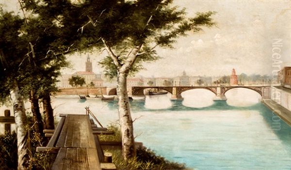 Vista De Sevilla Desde El Guadalquivir Oil Painting by Adolfo Giraldez Y Penalver