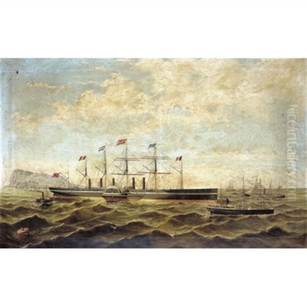 The Steamship The Great Eastern Off Gibraltar Oil Painting by Adolfo Giraldez Y Penalver