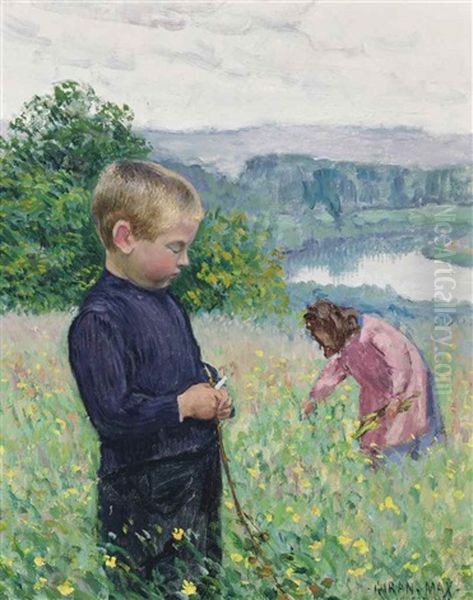 Children Picking Flowers By The River Oil Painting by Leon Giran-Max