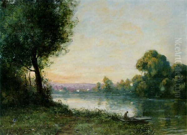 Coucher De Soleil Sur La Seine, A Eragny Oil Painting by Leon Giran-Max