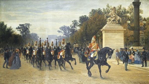 Le Peloton Des Etendards Des Cent-gardes Revenant De La Revue Sur Les Champs-elysees Oil Painting by Albert Girard