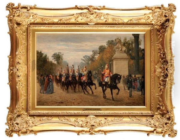 Le Peloton Des Cents Gardes Aux Champs-elysees, Rapportant Les Aigles De La Garde Aux Tuileries Oil Painting by Albert Girard