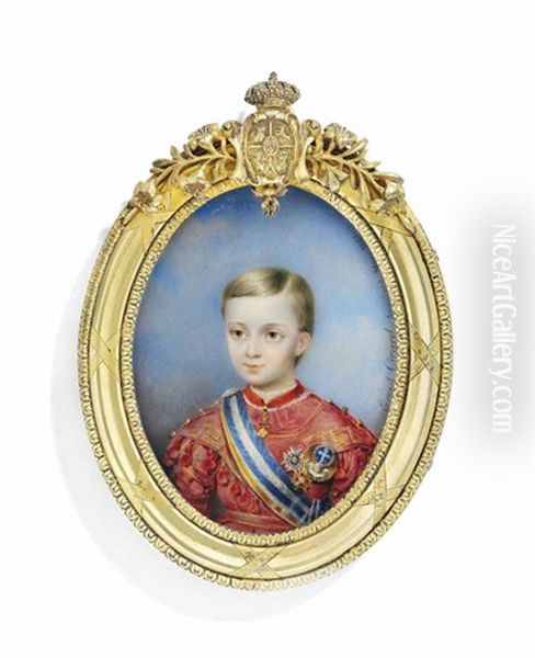 Alfonso Xii (1857-1885), King Of Spain, When Prince Of The Asturias, In Red Ceremonial Dress With Gold Key-pattern Border, Wearing The Jewel Of The Order Of The Golden Fleece Oil Painting by Ernest Joseph Girard