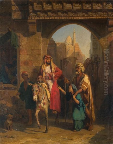 Madchen, Mit Seinem Blinden Vater, An Einem Stadttor Kairos Um Almosen Bittend Oil Painting by Edouard-Henri Girardet