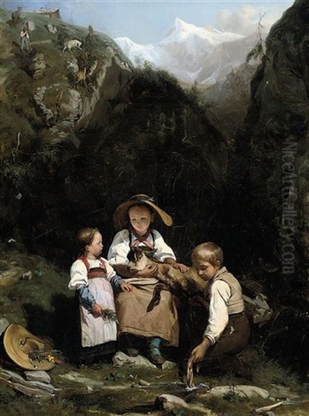 Three Young Children In An Alpine Landscape Nursing An Injured Goat Oil Painting by Edouard-Henri Girardet