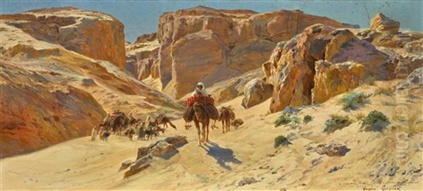 A Desert Caravan Oil Painting by Eugene Alexis Girardet