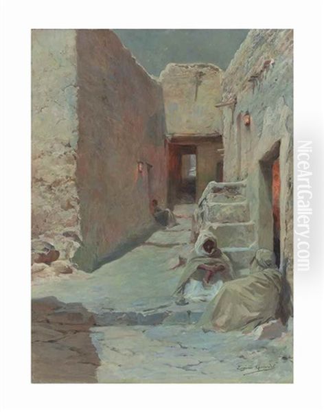 A Moonlit Street In North Africa Oil Painting by Eugene Alexis Girardet