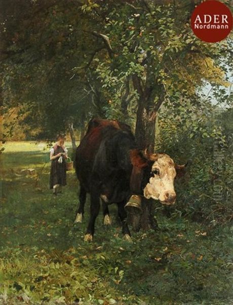 Fillette Et Sa Vache Oil Painting by Eugene Alexis Girardet