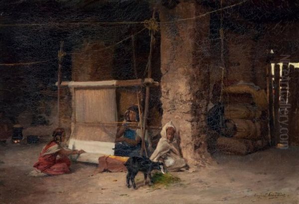 Le Tissage En Famille The Weaving In Family Oil Painting by Eugene Alexis Girardet