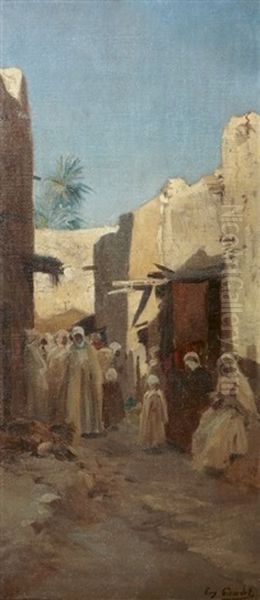 Foule Dans Une Ruelle En Algerie, Liveliness In An Algiers Street Oil Painting by Eugene Alexis Girardet