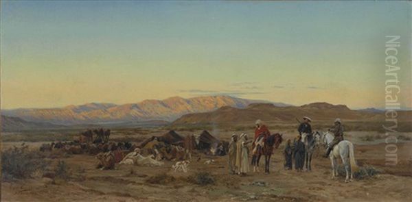 Bei Biskra - Nomadenlager Mit Zwei Reisenden Europaern Oil Painting by Eugene Alexis Girardet