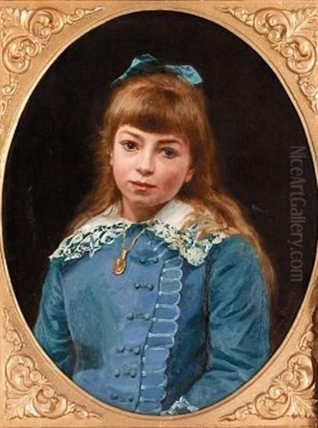 Portrait Of A Young Girl In Blue Oil Painting by Eugene Alexis Girardet