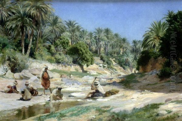 Lavandieres Au Bord De L'oued Oil Painting by Eugene Alexis Girardet