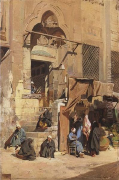 Sorti De La Mosque D'el Assar, Cairo Oil Painting by Eugene Alexis Girardet