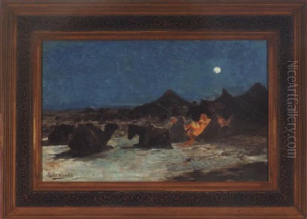 Desert Caravan Encampment By Moonlight Oil Painting by Eugene Alexis Girardet