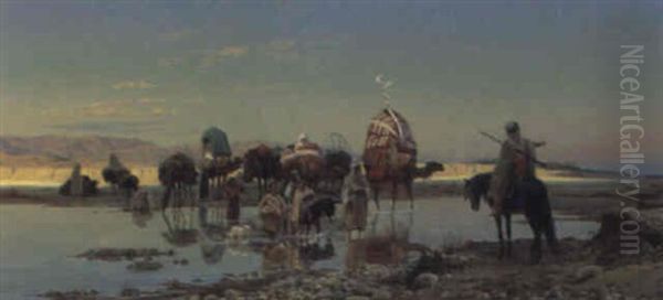 An Aran Caravan Crossing A Ford Oil Painting by Eugene Alexis Girardet