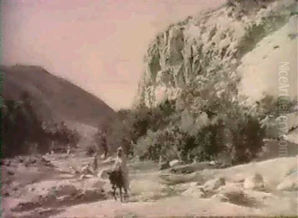 Washerwomen And A Man On A Donkey In A North-african        Landscape Oil Painting by Eugene Alexis Girardet