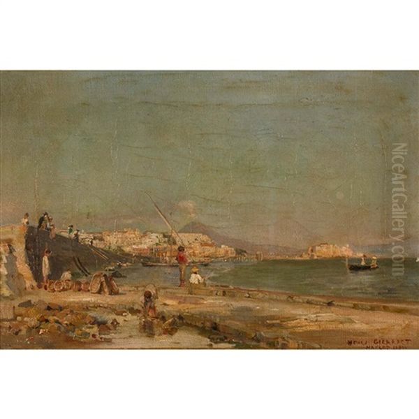 Neapolitanische Strandszene Mit Rauchendem Vesuv Oil Painting by Henri Girardet