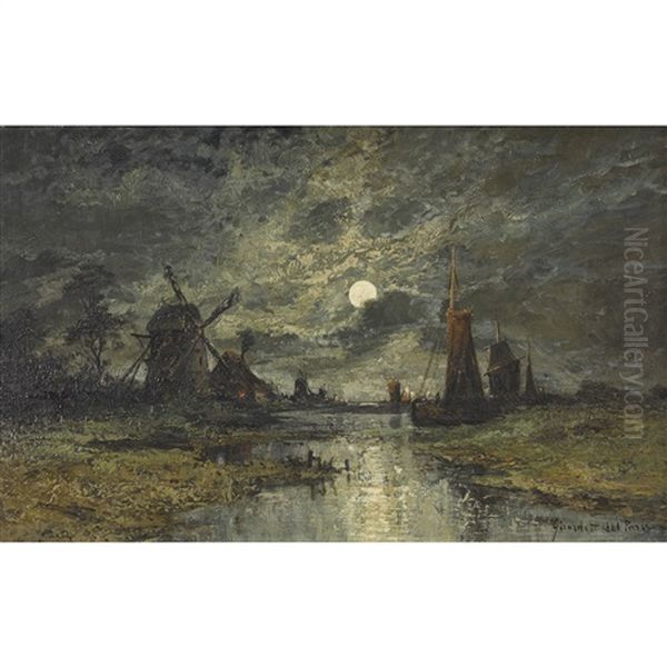 Flusslandschaft Im Mondschein Mit Windmuhlen Oil Painting by Henri Girardet