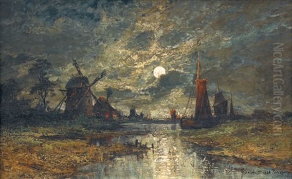 Nachtliche Flusspartie Mit Windmuhlen Oil Painting by Henri Girardet