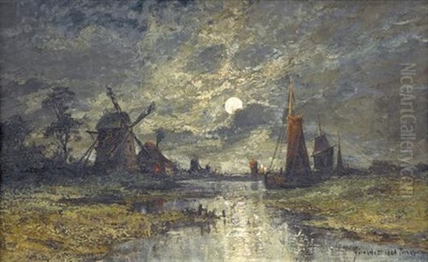 Nachtliche Flusspartie Mit Windmuhlen Oil Painting by Henri Girardet