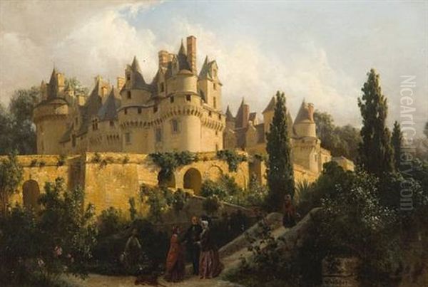 Figures Before Chateau D'usse Oil Painting by Henri Girardet