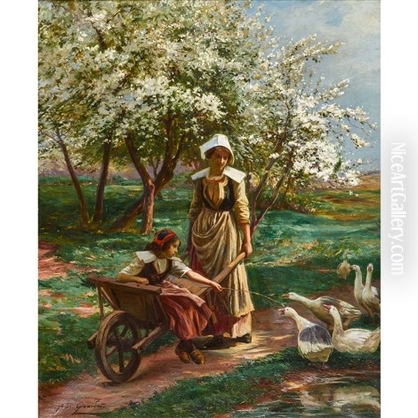 Bauerin Mit Kind Im Schubkarren Und Gansen Oil Painting by Jules Girardet